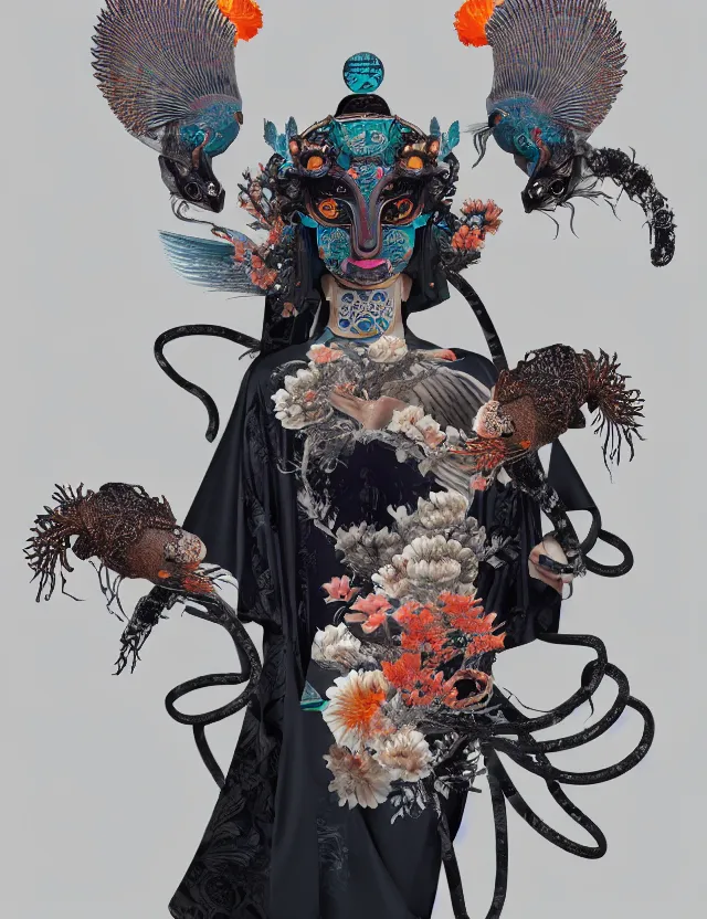 Image similar to 3 d goddess bottom - up with ram skull. beautiful intricately detailed japanese crow kitsune mask and clasical japanese kimono. betta fish, jellyfish phoenix, bio luminescent, plasma, ice, water, wind, creature, artwork by tooth wu and wlop and beeple and greg rutkowski