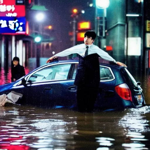 Image similar to seoul city is flooded by heavy rain. A guy with suit is sitting on the top of the A car is middle of the street flooded.