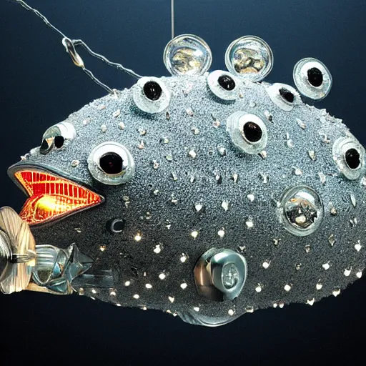 Image similar to A diamond encrusted killer anglerfish with jeweled teeth, the esca light is a minature vegas casino