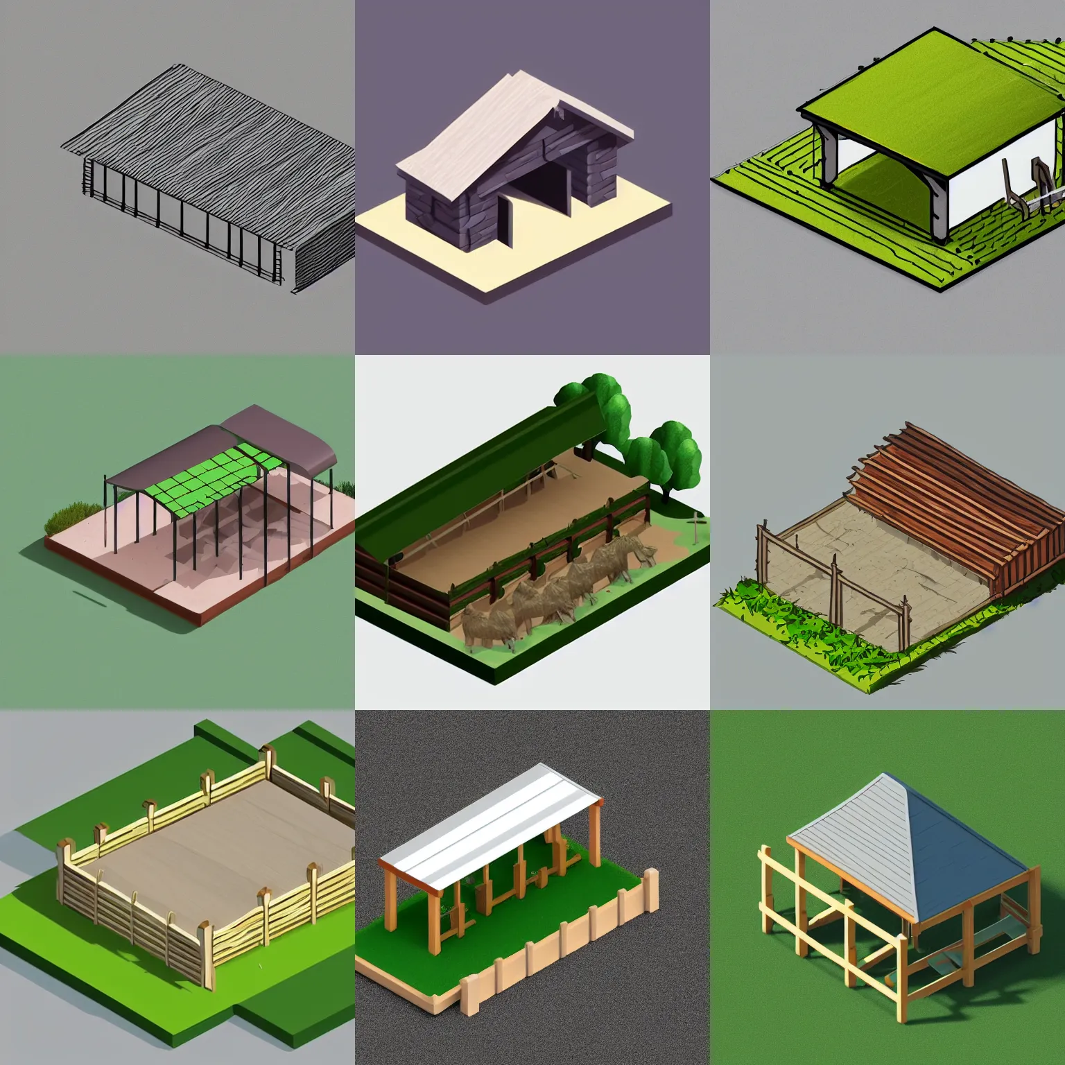 Prompt: isometric simple wooded horse stable with green roof, on grey background, artstation,