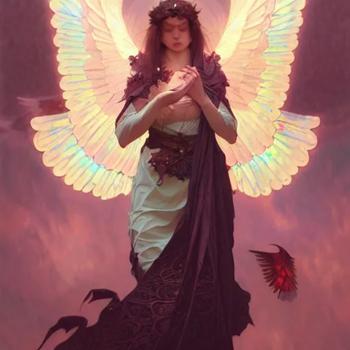 Image similar to iridescent seraphim covered with eyes and wings, photorealistic, fantasy, intricate, elegant, highly detailed, digital painting, artstation, concept art, smooth, sharp focus, illustration, art by Krenz Cushart and Artem Demura and alphonse mucha