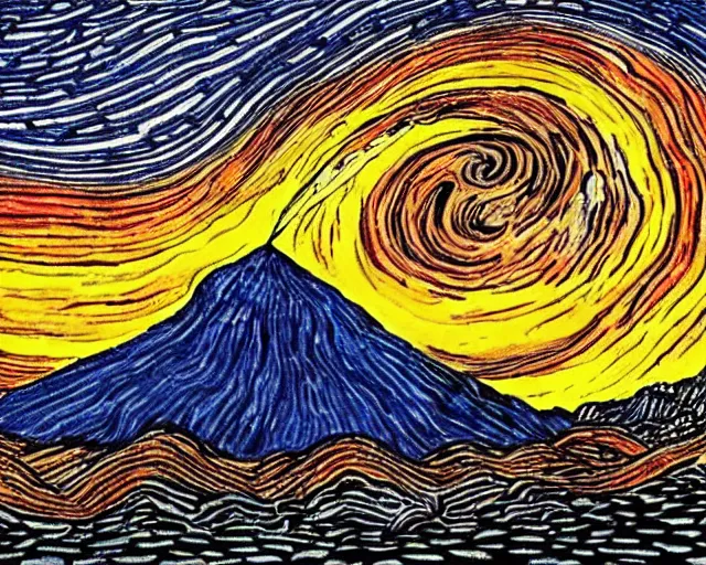 Prompt: a volcano at night, artwork by junji ito and van gogh, junji ito, van gogh