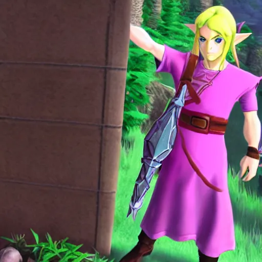 Image similar to Link from the Legend of Zelda: Ocarina of Time wearing a pink dress