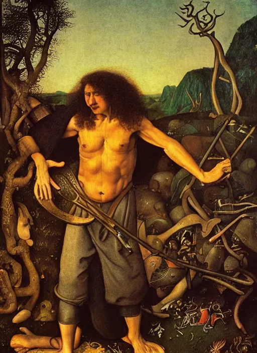 Image similar to Portrait of Weird Al Yankovic, Bruegel, Hieronymus Bosch, epic, Franklin Booth, heavily detailed, maxfield parrish, realistic lighting