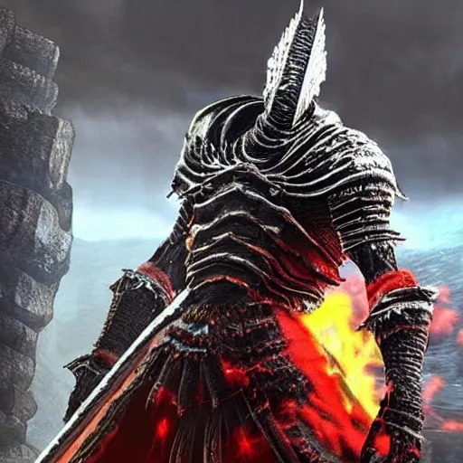 Prompt: screenshot of a unique boss from darksouls 3. It is wearing colored armour and has a very muscular physique