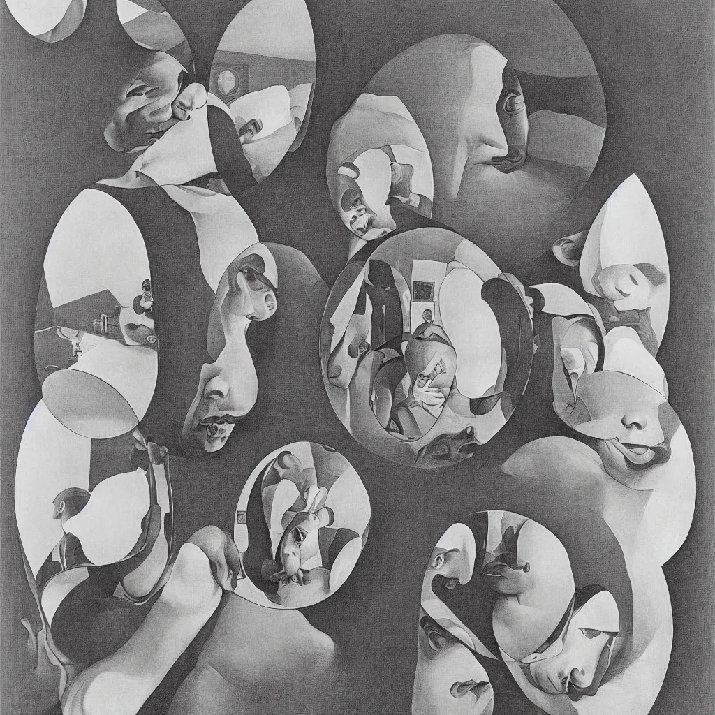 Image similar to a man looking his face reflection on a mirror sphere by M. C. Escher