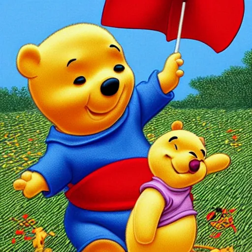 Image similar to Xi Jinping as Winnie the Pooh, artwork by Rafal Olbinski + E. H. Shepard
