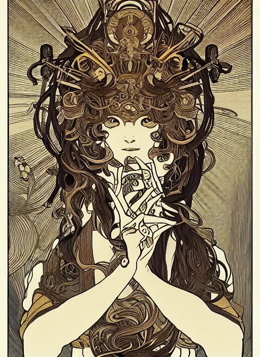 Prompt: photographer looking through camera, design on white background, gnarly details, gold, drawn by studio ghibli, alphonso mucha, lolish, trending on artstation