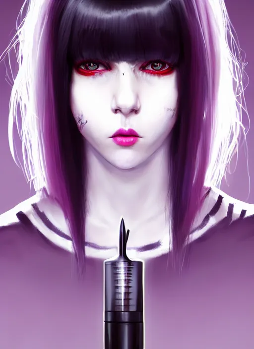 Image similar to portrait of white teenage girl, normal face, white bangs, mall goth, cyberlox, black and white hair, bangs, fluffy bangs, red contact lenses, purple lipstick, intricate, elegant, highly detailed, digital painting, artstation, concept art, sharp focus, smooth, illustration, art by wlop, mars ravelo and greg rutkowski