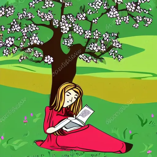 Prompt: girl reading a book under an apple tree in summer. folk horror. french cartoon