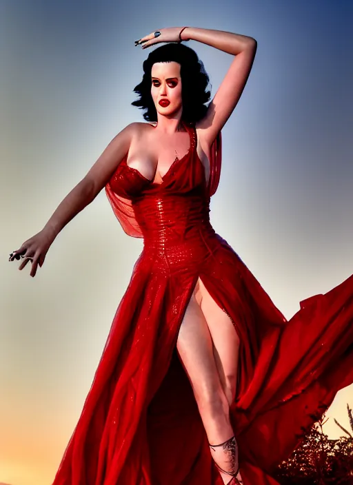 Image similar to katy perry in a red dress by luis royo. highly detailed 8 k. intricate. lifelike. soft light. nikon d 8 5 0. cinematic post - processing, dslr, canon
