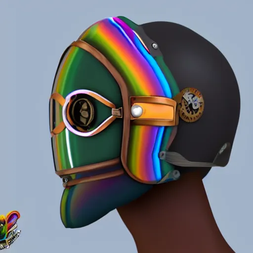 Prompt: steampunk rainbow full face helmet with slide up visor, concept art, render