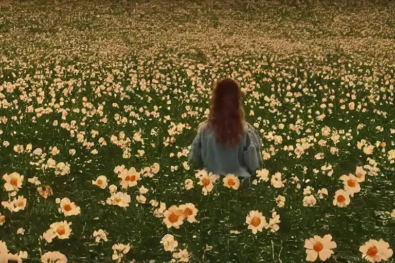 Image similar to vhs 1 9 8 0 s cinema footage of a womans head surrounded by giant beautiful flowers eerie smiling, scene from the movie midsommar, directed by ari aster, vintage film grain