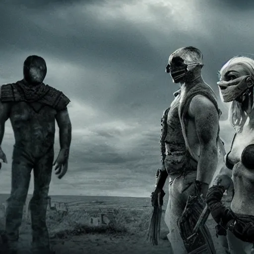 Prompt: a very huge, very big masked mutant man standing next to a small blonde woman, they are staring at the horizon where there are the ruins of a city, postapocalyptic, mad max style, award winning photograph, over the shoulder photo