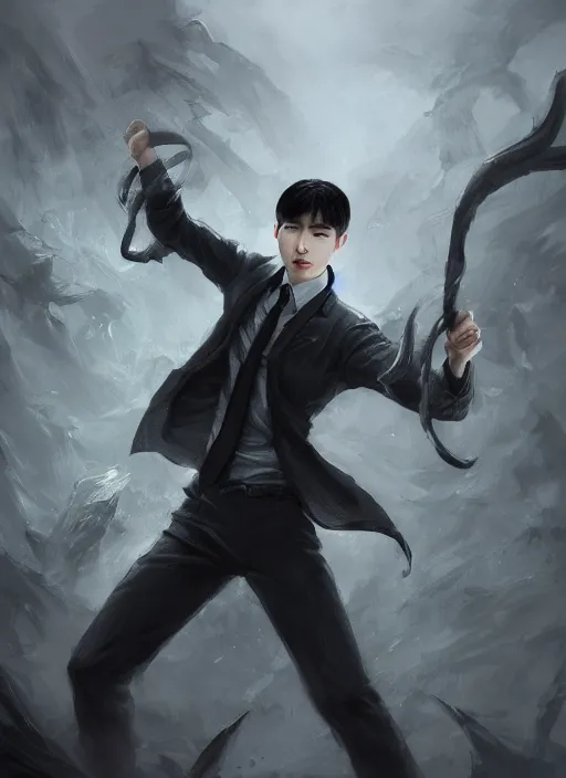 Prompt: a highly detailed illustration of attractive korean man with bowl cut black hair wearing shirt and tie with giant black claws, wielding giant black fog claws pose, tired expression, foggy black mist surrounding background, intricate, elegant, highly detailed, centered, digital painting, artstation, concept art, smooth, sharp focus, league of legends concept art, wlop.