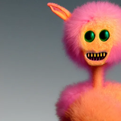 Prompt: an alien with a face that looks like a fuzzy peach the peach is fuzzy pink warm and ripe the alien has horns and a mean smile, 4k, highly detailed, high quality, amazing, high particle effects, glowing, majestic, soft lighting, realistic reflections