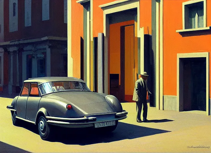 Image similar to aslouchy elegant old man with stands at citroen ds 1 9 in grim rome, highly detailed, soft lighting, elegant, by edward hopper and james gilleard, zdzislaw beksinski, steven outram, highly detailed