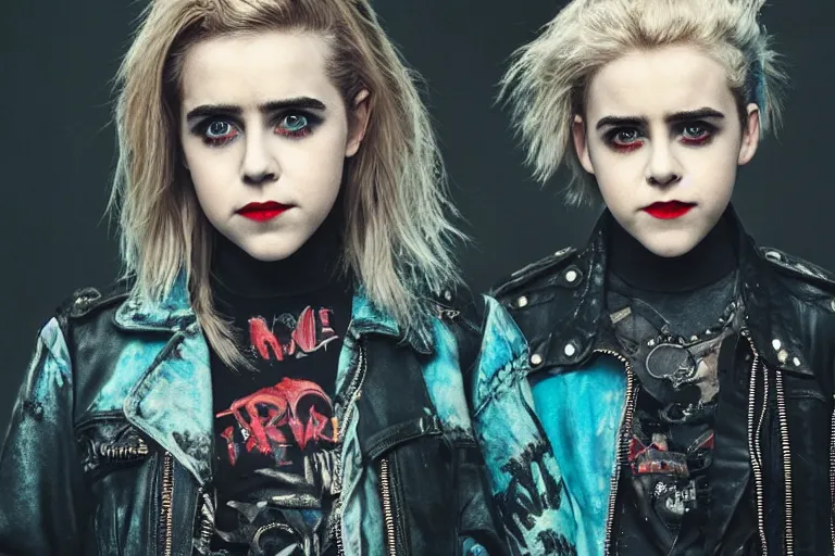 Image similar to promotional image of kiernan shipka as a british punk rocker in a new movie, blue dyed hair, leather clothes, heavy makeup, detailed face, movie still frame, promotional image, imax 70 mm footage