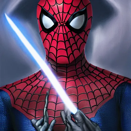 Image similar to Portrait of Spiderman as a sith lord from star wars, full length shot, shining, 8k highly detailed, sharp focus, illustration, art by artgerm, mucha, bouguereau