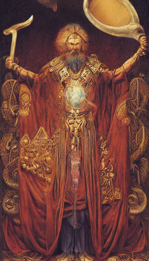 Image similar to the emperor, ram horns, taurus, mars energy, scepter in his hand, ankh, wisdom, long white beard, agostino arrivabene