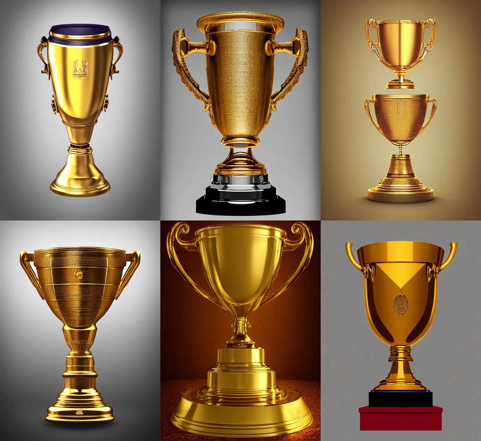 Prompt: “ golden chalice, champion, wining, award, front, center view, white background, render corona, redshift render, photo, realistic, hyper realistic, studio light, stock color, bright, detailed ”