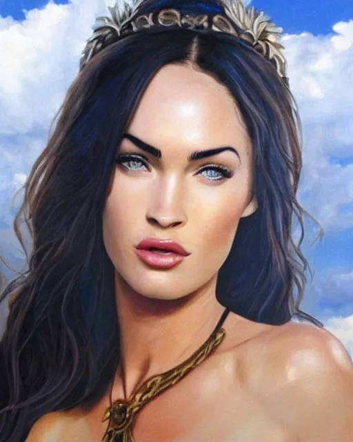 Image similar to megan fox as a Greek goddess in the sky, realistic face