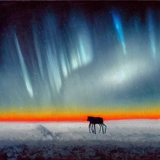 Image similar to the epic abstract painting'blue arctic void with black and red aurora borealis above a large herd of tiny reindeer ', by caspar david friedrich!!!, by rothko!!!, stunning masterpiece, trending on artstation