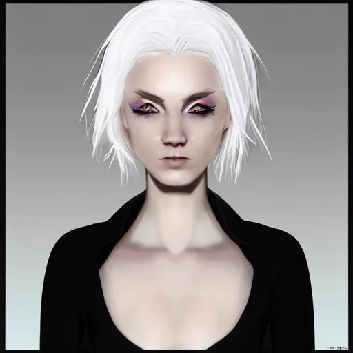 Image similar to Young woman, white hair, black eyes, pointy ears, pale skin, trending on artstation