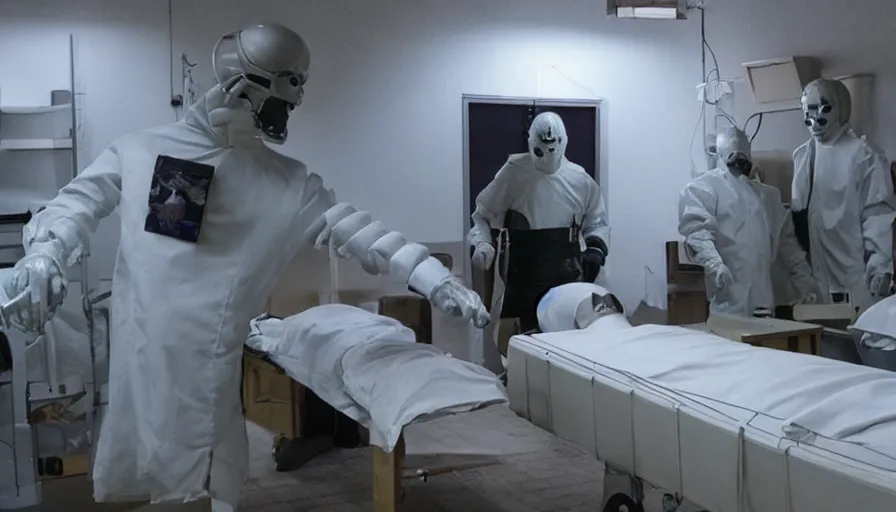 Prompt: Big budget horror movie about a mortuary, there are coffins, and cyborgs are cutting up human bodies