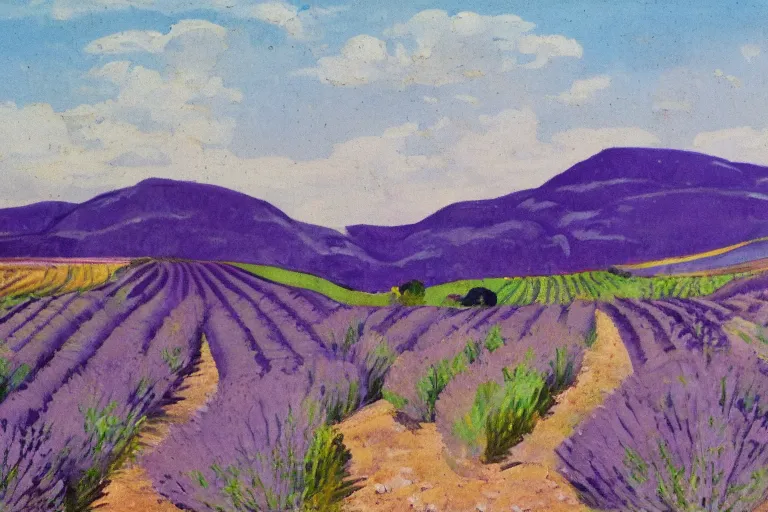 Prompt: Masterpiece of a large Provence landscape, country side and small town, gouache, by Jean Hugo, without canvas, more lavender purple color, more rocks