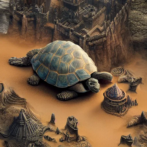 Prompt: gargantuan tortoise with a large fantasy castle armor walking through a sandy wasteland, distant shot centered birds eye view, fantasy, hyper detailed, 4 k, howls moving castle, mortal engines