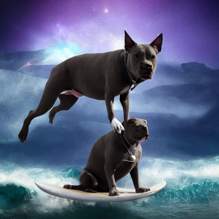 Image similar to photo of a dark gray coat pit bull with a white paws and a white nose!, surfing on a surfboard in a crashing wave of alien galaxy, trending on art station, ocean in space, background is an alien galaxy, aliens in the background, alien colors, octane render, unreal engine, wide view, 8 k, highly detailed