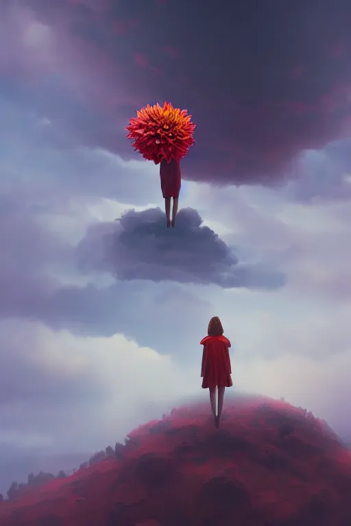 Image similar to closeup giant dahlia flower as head, girl standing on mountain, surreal photography, blue storm clouds, dramatic light, impressionist painting, digital painting, artstation, simon stalenhag