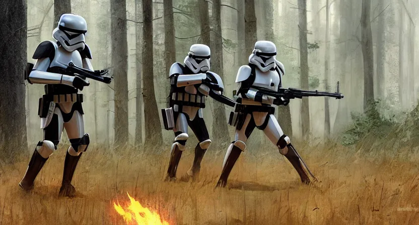 Image similar to stormtroopers shooting red blaster bolts at a young blonde jedi with short hair in a burned lifeless forest with burned trees and plants concept art by Doug Chiang cinematic, realistic painting, high definition, digital art, symmetrical, very detailed, extremely high detail, photo realistic, concept art, unreal engine 5, the Mandalorian concept art style