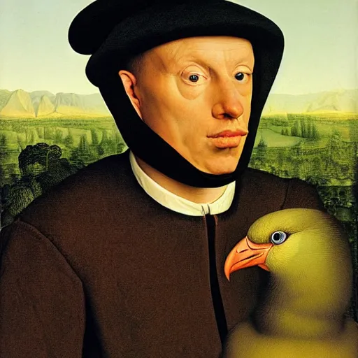 Image similar to portrait of a dramatic parot suffering, painting by Jan van Eyck, Audubon, Rene Magritte,