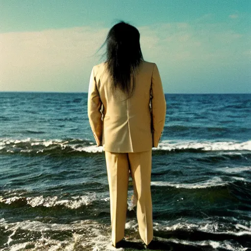 Image similar to japanese man with long hair in a beige suit standing in the ocean looking at the camera, wide shot, far away, zoomed out, distance shot, sunset, centered, album cover, tatsuro yamashita, 1980, ride on time