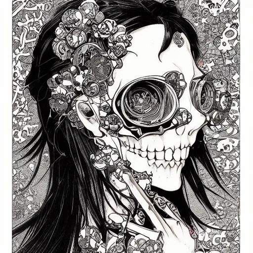 Image similar to anime manga skull portrait girl female skeleton illustration intricate detail patterns art Geof Darrow and Ashley wood and Ilya repin and alphonse mucha pop art nouveau