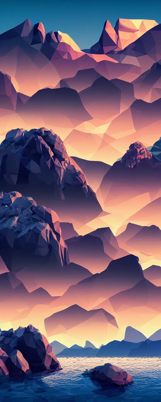 Image similar to super detailed color lowpoly art, northern sunset with rocks on front, monochrome photorealistic bay in the middle of perspective and mountains at background, big graphic ship in the middle of composition, unreal engine, high contrast color palette, 3 d render, lowpoly, colorful, digital art, perspective, robb cobb