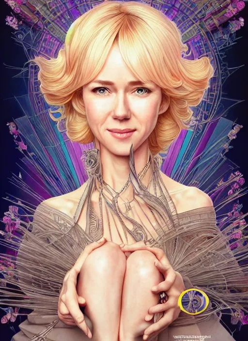 Image similar to princess naomi watts, beautiful shadowing, 3 d shadowing, reflective surfaces, illustrated completely, 8 k beautifully detailed pencil illustration, extremely hyper - detailed pencil illustration, intricate, epic composition, very very kawaii, masterpiece, bold complimentary colors. stunning masterfully illustrated by artgerm, range murata, alphonse mucha.