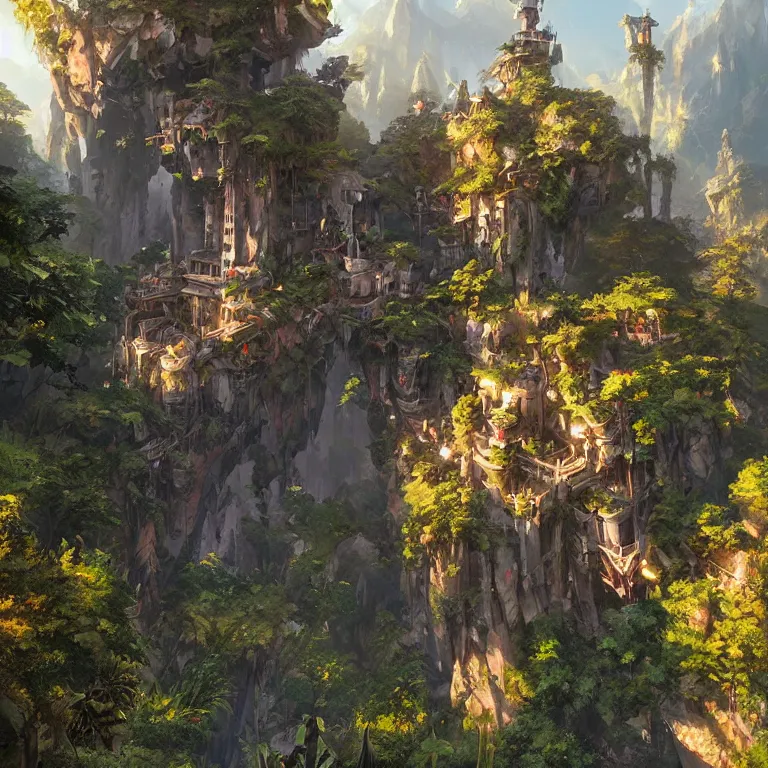 Prompt: vertical overwatch headquarters carved inside a mountain surrounding a lush garden, trimmed, magical, natural light, fantasy, sharp focus, concept art, by greg rutkowski and craig mullins, atmospheric, octane render