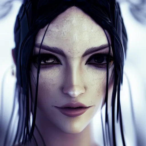 Image similar to beautiful portrait of a dark sorceress female, 35mm, cinematic shot, photorealistic, depth of field, trending on artstation