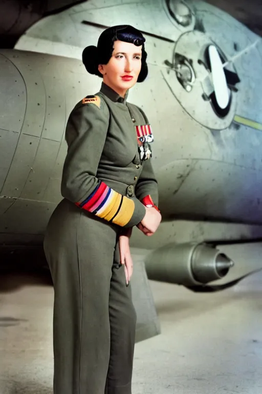 Prompt: 5 0 mm f 8 full body wide shot portrait colorized photography of a wwii bomber pilot who's a mix of cleopatra and mata hari with grey eyes and rainbow ponytail hair, expression concentrated, setting is in a starship hangar bay, by omar z. robles