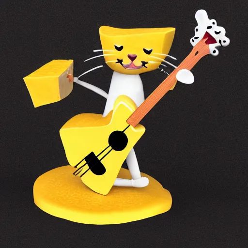 Image similar to A cartoon cat with a body made of cheese playing guitar; extremely detailed; trending on artstation