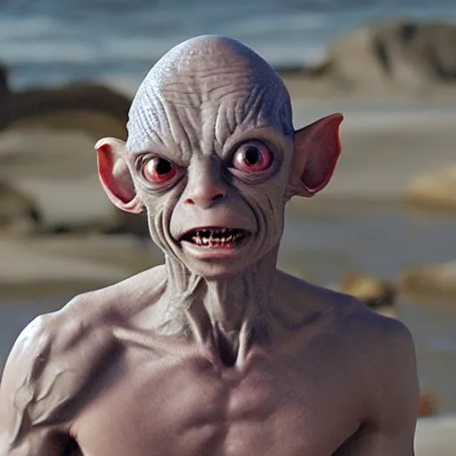 Prompt: gollum from lord of the rings, swimsuit modeling photoshoot, handsome gollum