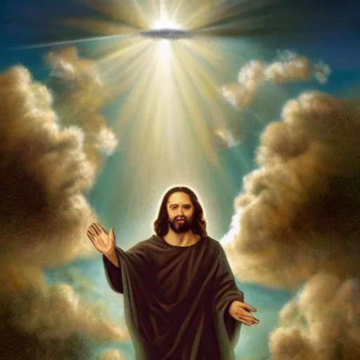 Prompt: Photo of Jesus returning to earth from the clouds