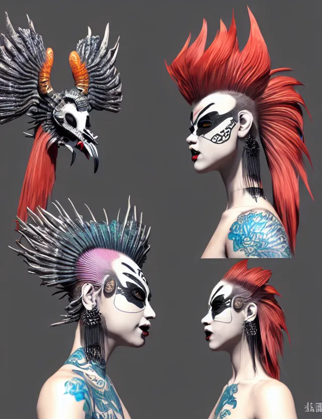 Image similar to 3 d goddess close - up profile portrait punk with mohawk with ram skull. beautiful intricately detailed japanese crow kitsune mask and clasical japanese kimono. betta fish, jellyfish phoenix, bio luminescent, plasma, ice, water, wind, creature, artwork by tooth wu and wlop and beeple and greg rutkowski