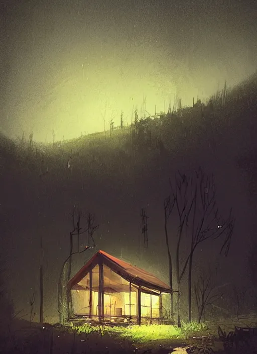 Prompt: small wooden cabin lost on a hill, trees in the background, at night with a little rain,, illustration, ismail inceoglu, dark