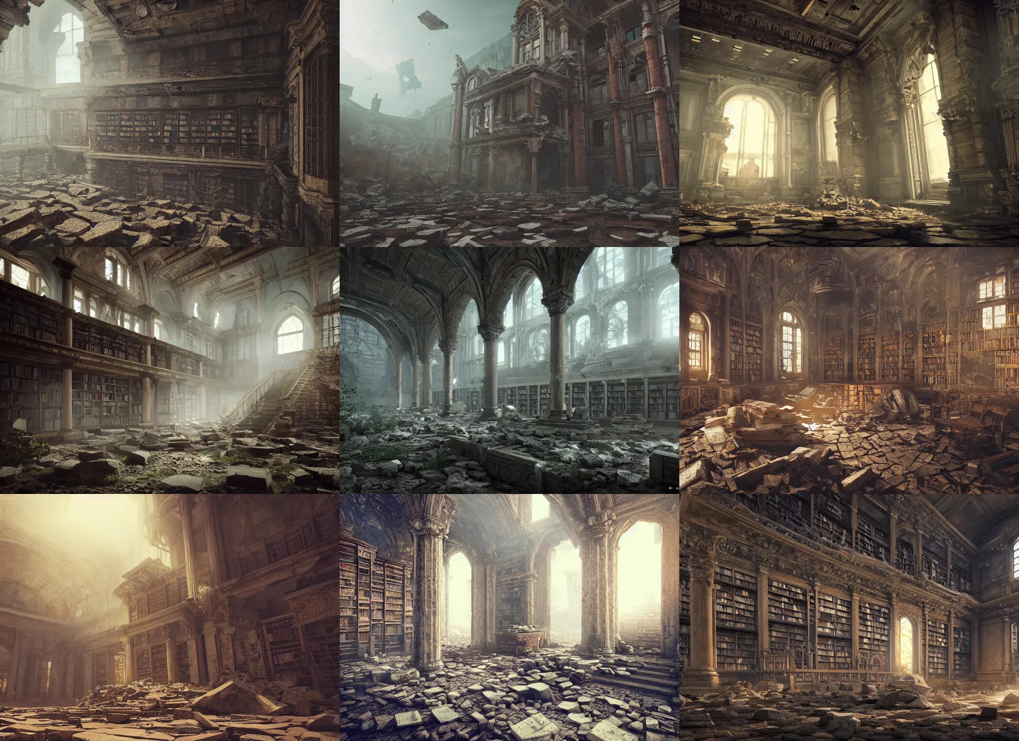 Prompt: old library in crumbling ruins, intricate detail, volumetric lighting, epic composition, hyper detailed, ultra realistic, sharp focus, octane render, volumetric, ray tracing, artstation trending, cgsociety, sense of awe, 4 k