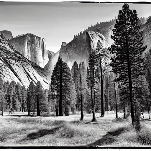 Prompt: black-and-white landscape photograph of Yosemite National Park by Ansel Adams width 1024