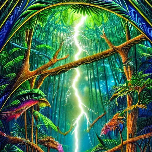 Prompt: visionary art, rainforest trapped within a lightning bolt, with great birds, rich geometry, precise and incredibly highly detailed intricate 8 k wallpaper, john stephens, lisa frank, intricate stunning award winning masterpiece trending on artstation